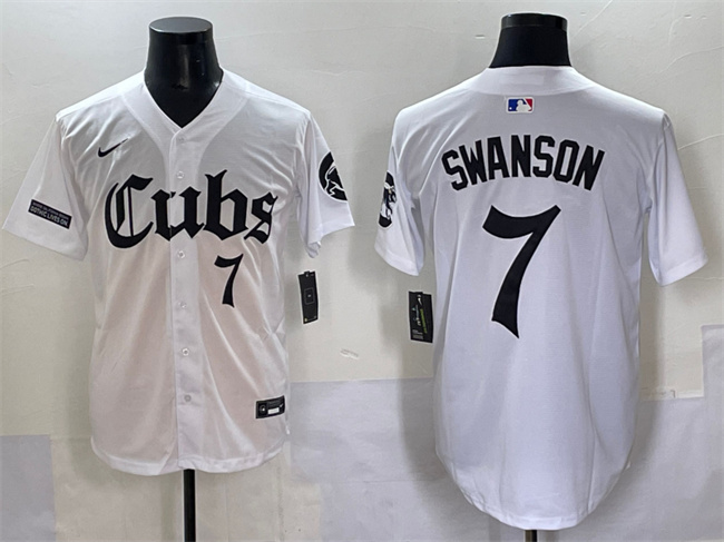 Men's Chicago Cubs #7 Dansby Swanson White 'Gothic North Side Edition' Vapor Premier Limited Stitched Baseball Jersey Men's Chicago Cubs #7 Dansby Swanson White 'Gothic North Side Edition' Vapor Premier Limited Stitched Baseball Jersey